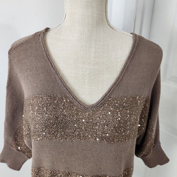 Express Sweater Womens Small Brown Striped Sequins Lightweight Pullover V Neck - Picture 2 of 13